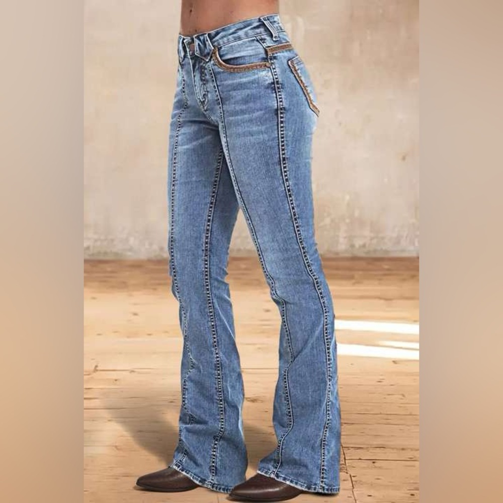 Wash Contrast Stitch Low Waist Bootcut Jeans flamingals size L/XL FL5-2 - Picture 11 of 16